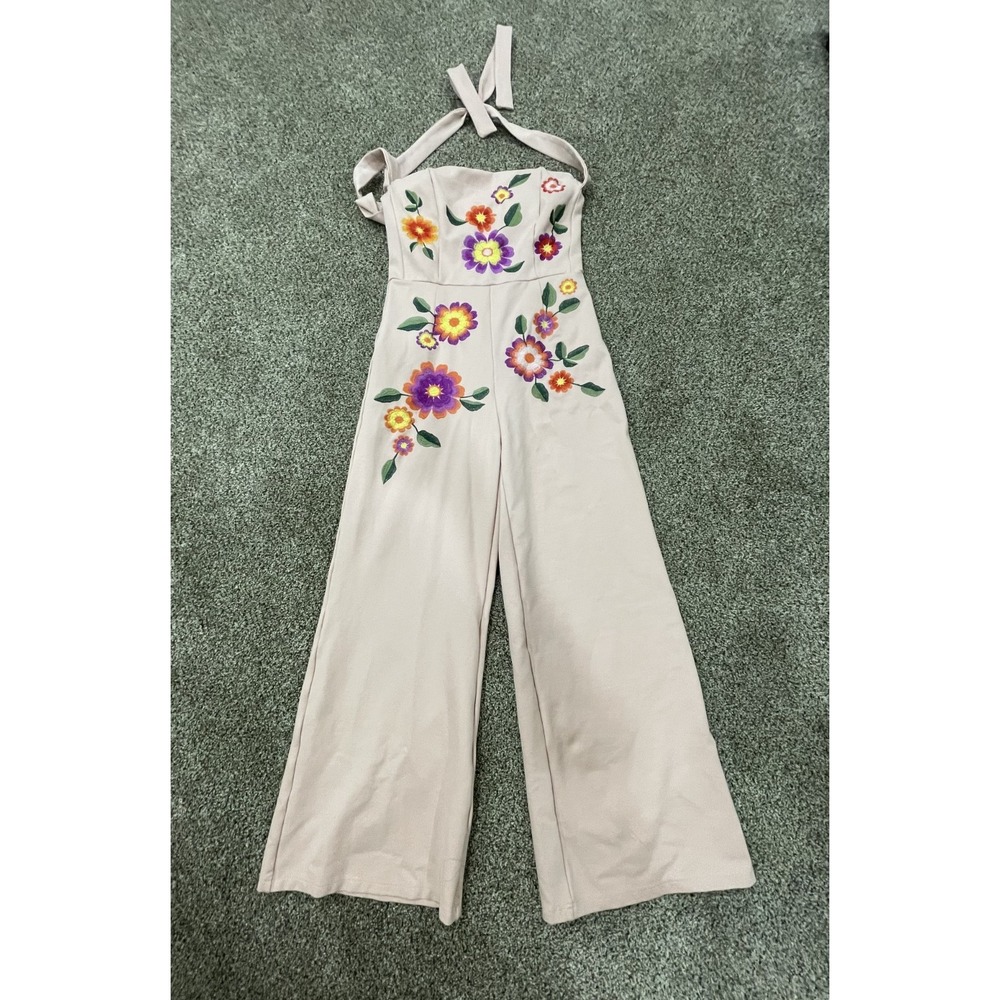 Guaraxez Jumpsuit Women's Medium Pink Floral Embroidered Halter Neck Wide Leg